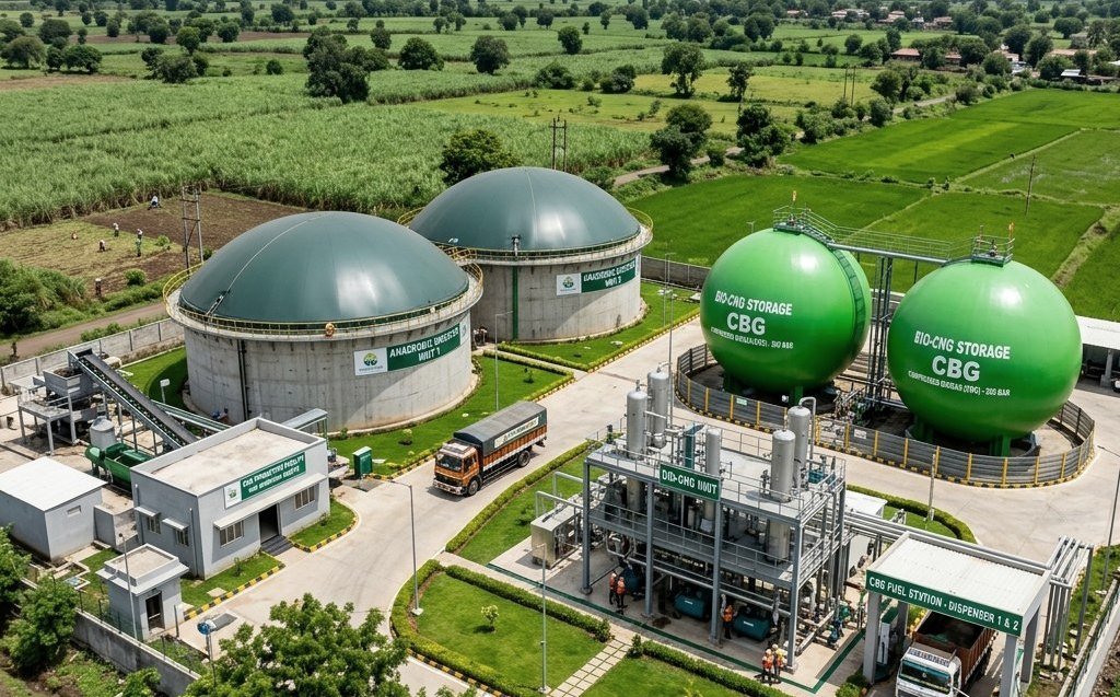 Render of a VSN compressed biogas facility with green digester domes