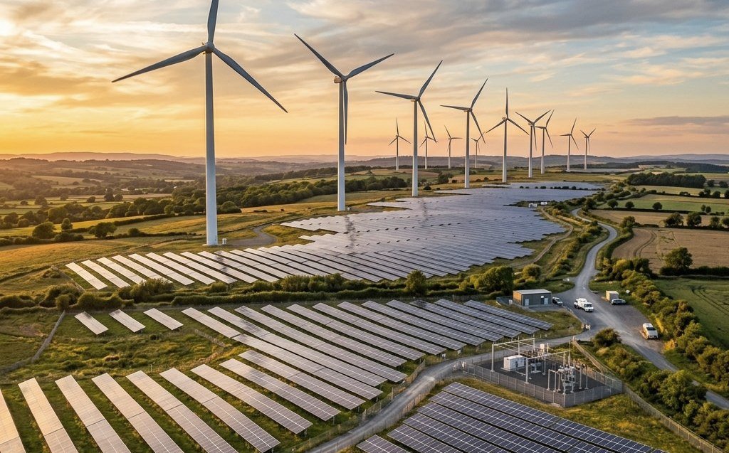 Render of the wind-solar hybrid park with turbines above a solar array