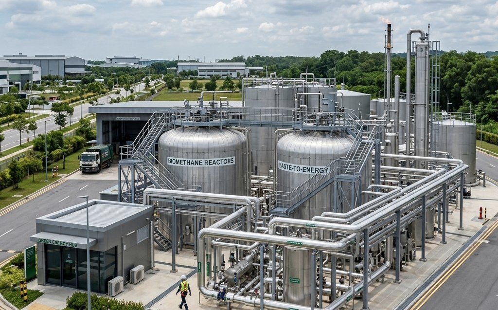 Render of the waste-to-energy tank farm and process building