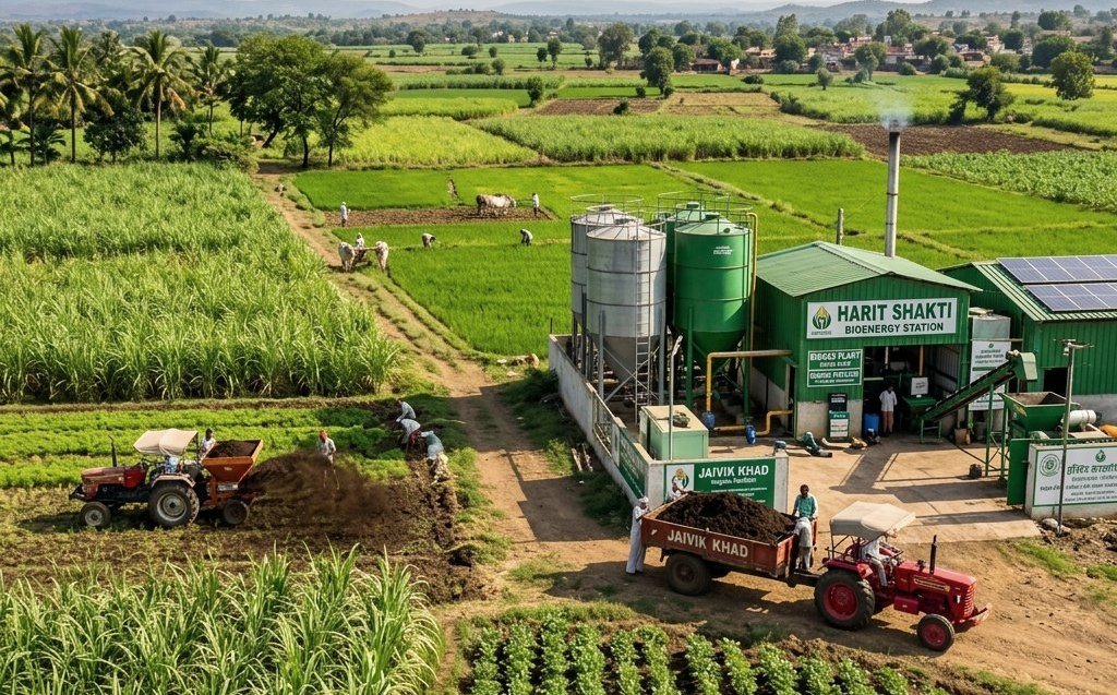 Aerial view of farmland with a VSN bioenergy facility and farming equipment